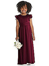 Front View Thumbnail - Cabernet Ruffle Flutter Sleeve Whisper Satin Flower Girl Dress