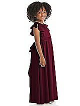 Side View Thumbnail - Cabernet Ruffle Flutter Sleeve Whisper Satin Flower Girl Dress