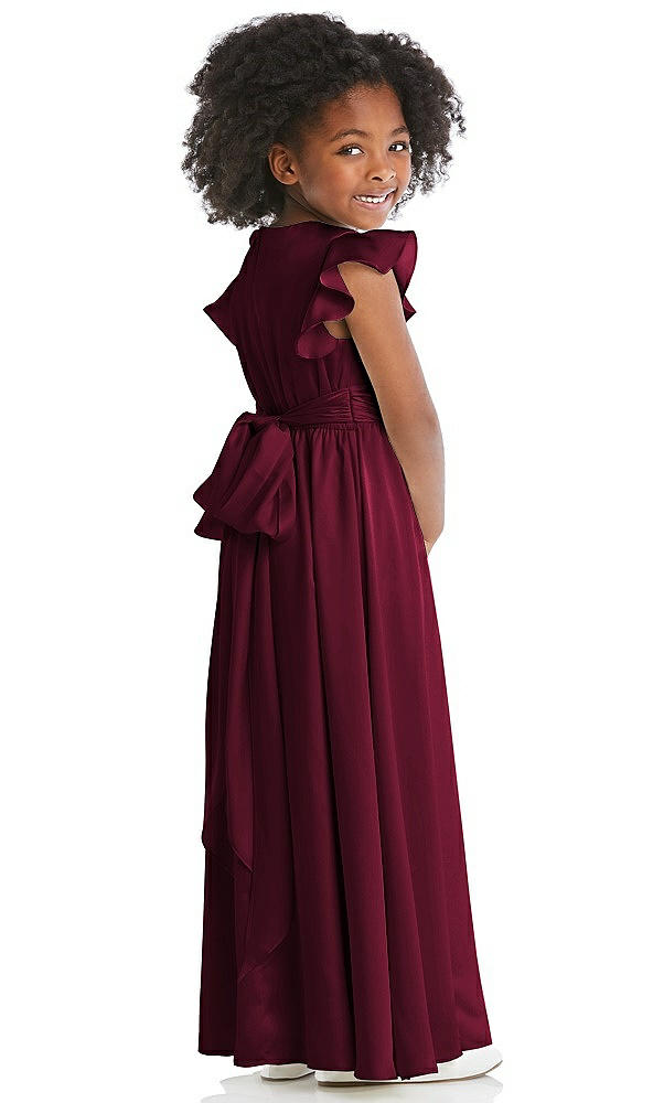 Back View - Cabernet Ruffle Flutter Sleeve Whisper Satin Flower Girl Dress