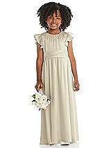 Front View Thumbnail - Champagne Ruffle Flutter Sleeve Whisper Satin Flower Girl Dress