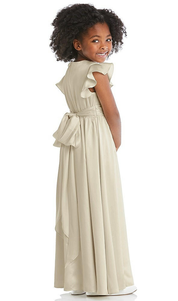 Back View - Champagne Ruffle Flutter Sleeve Whisper Satin Flower Girl Dress