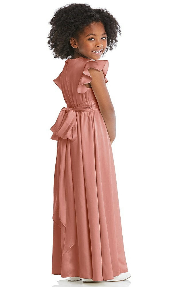 Back View - Desert Rose Ruffle Flutter Sleeve Whisper Satin Flower Girl Dress