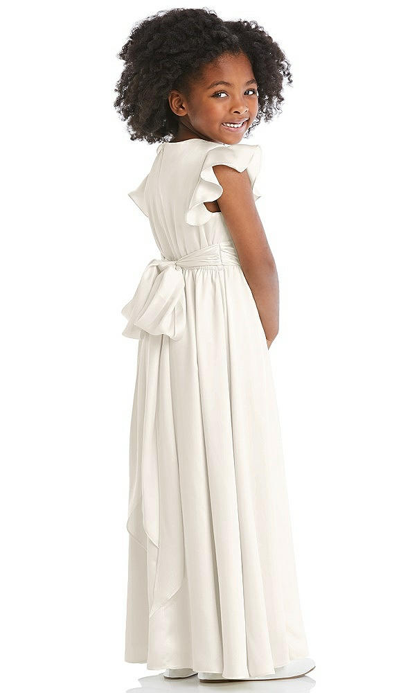 Back View - Ivory Ruffle Flutter Sleeve Whisper Satin Flower Girl Dress