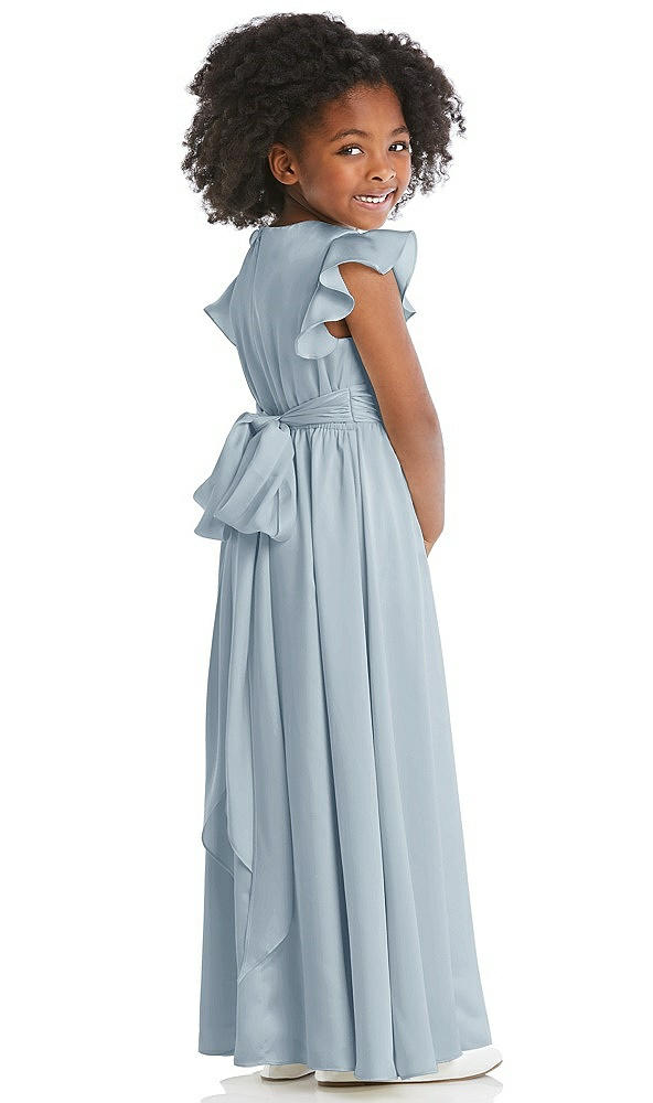 Back View - Mist Ruffle Flutter Sleeve Whisper Satin Flower Girl Dress