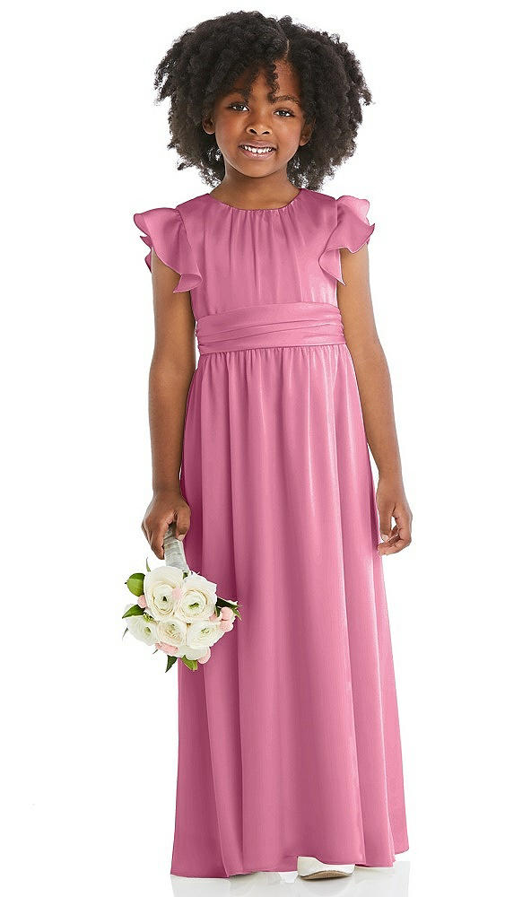 Front View - Orchid Pink Ruffle Flutter Sleeve Whisper Satin Flower Girl Dress