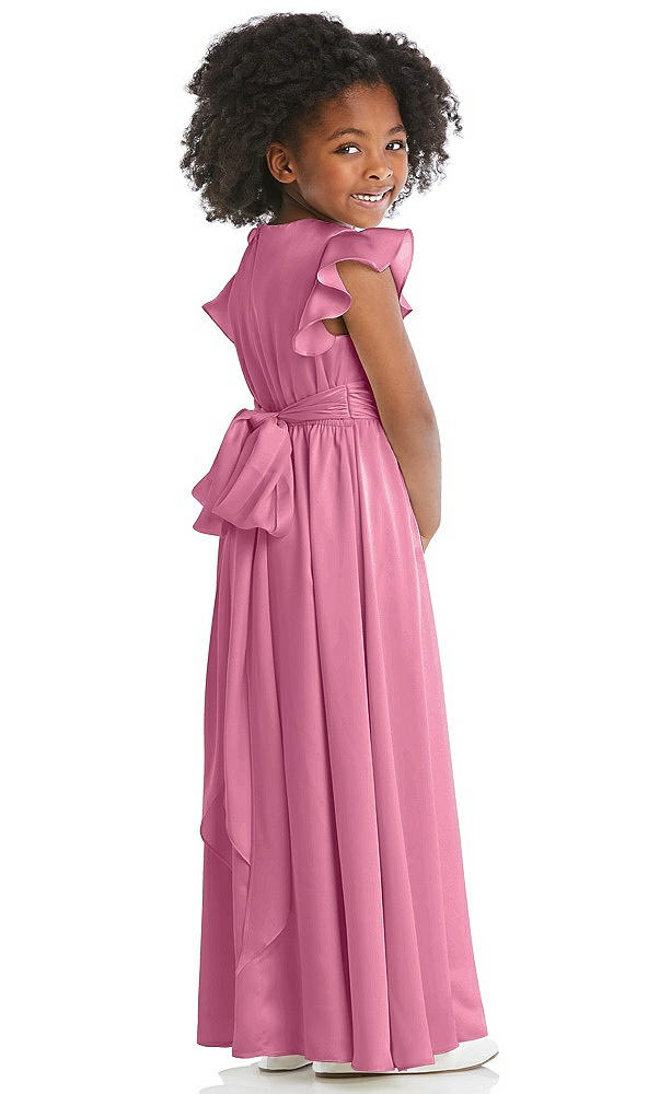 Back View - Orchid Pink Ruffle Flutter Sleeve Whisper Satin Flower Girl Dress