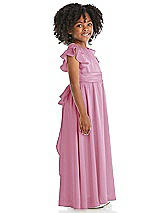 Side View Thumbnail - Powder Pink Ruffle Flutter Sleeve Whisper Satin Flower Girl Dress