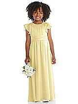 Front View Thumbnail - Pale Yellow Ruffle Flutter Sleeve Whisper Satin Flower Girl Dress