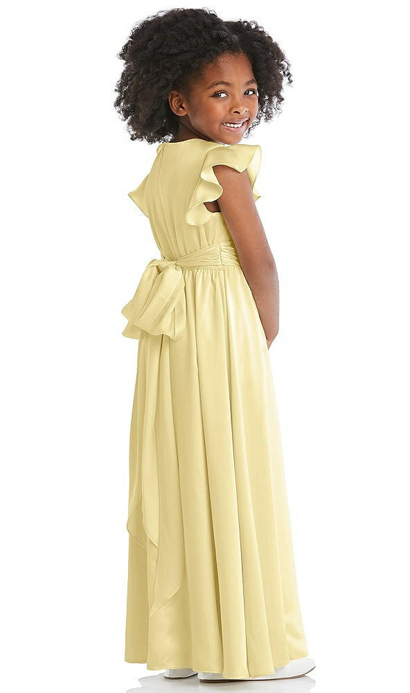 Back View - Pale Yellow Ruffle Flutter Sleeve Whisper Satin Flower Girl Dress