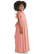 Side View Thumbnail - Rose - PANTONE Rose Quartz Ruffle Flutter Sleeve Whisper Satin Flower Girl Dress