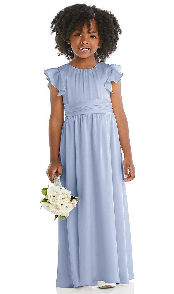 Front View - Sky Blue Ruffle Flutter Sleeve Whisper Satin Flower Girl Dress