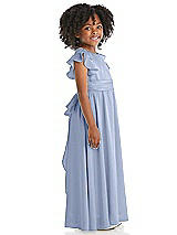 Side View Thumbnail - Sky Blue Ruffle Flutter Sleeve Whisper Satin Flower Girl Dress