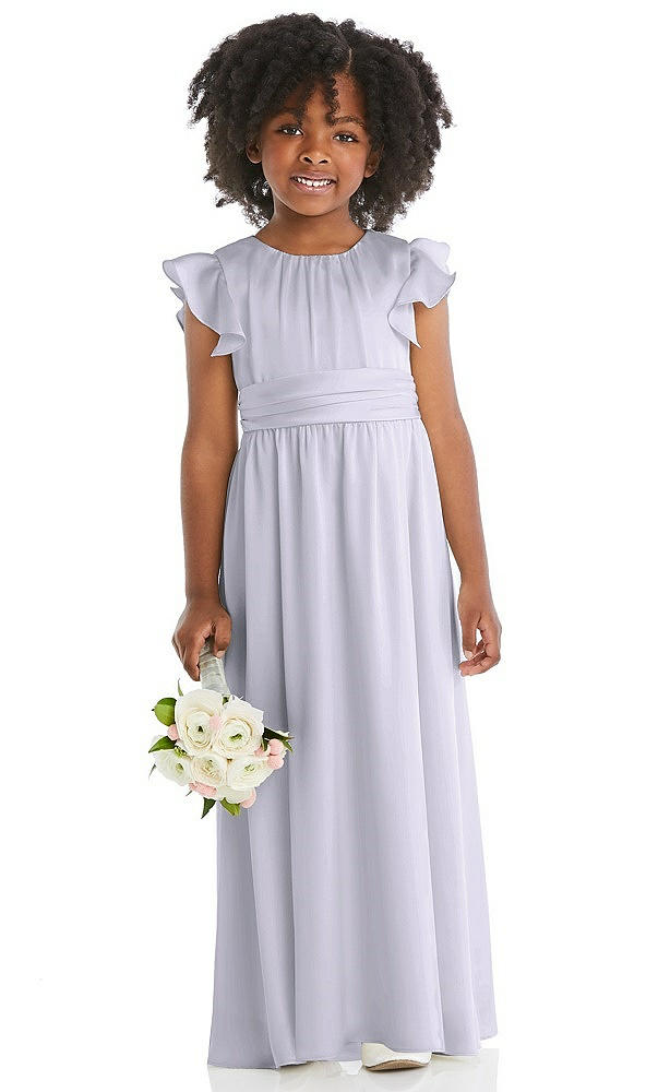 Front View - Silver Dove Ruffle Flutter Sleeve Whisper Satin Flower Girl Dress