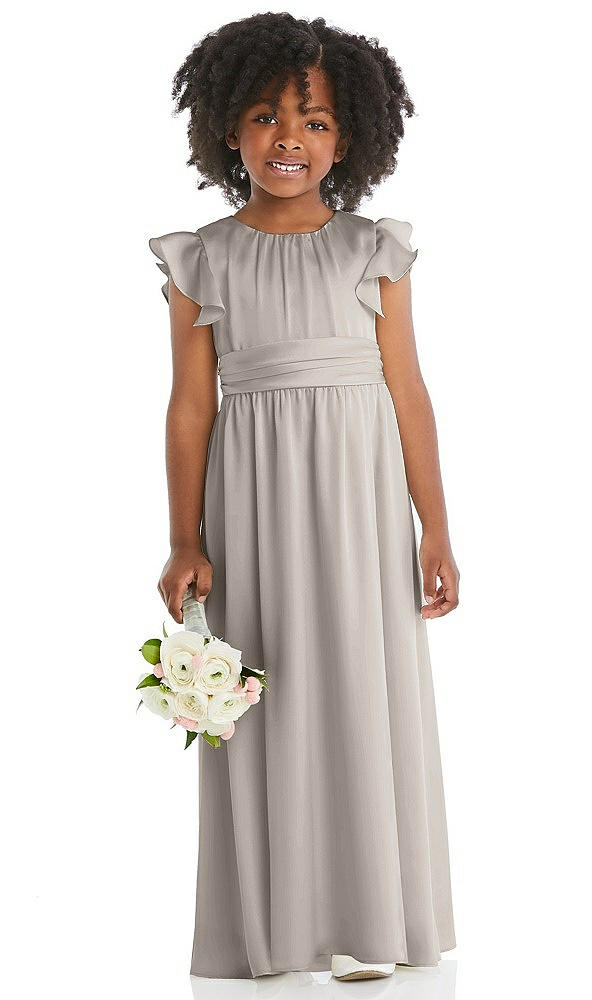 Front View - Taupe Ruffle Flutter Sleeve Whisper Satin Flower Girl Dress