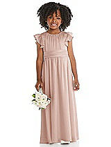 Front View Thumbnail - Toasted Sugar Ruffle Flutter Sleeve Whisper Satin Flower Girl Dress