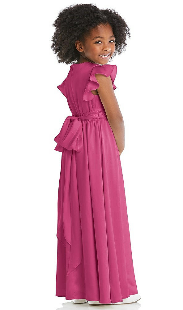 Back View - Tea Rose Ruffle Flutter Sleeve Whisper Satin Flower Girl Dress