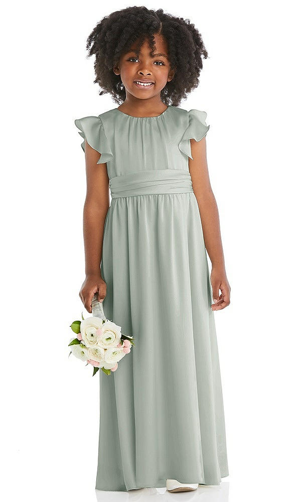 Front View - Willow Green Ruffle Flutter Sleeve Whisper Satin Flower Girl Dress