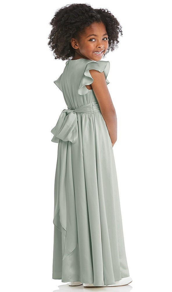 Back View - Willow Green Ruffle Flutter Sleeve Whisper Satin Flower Girl Dress