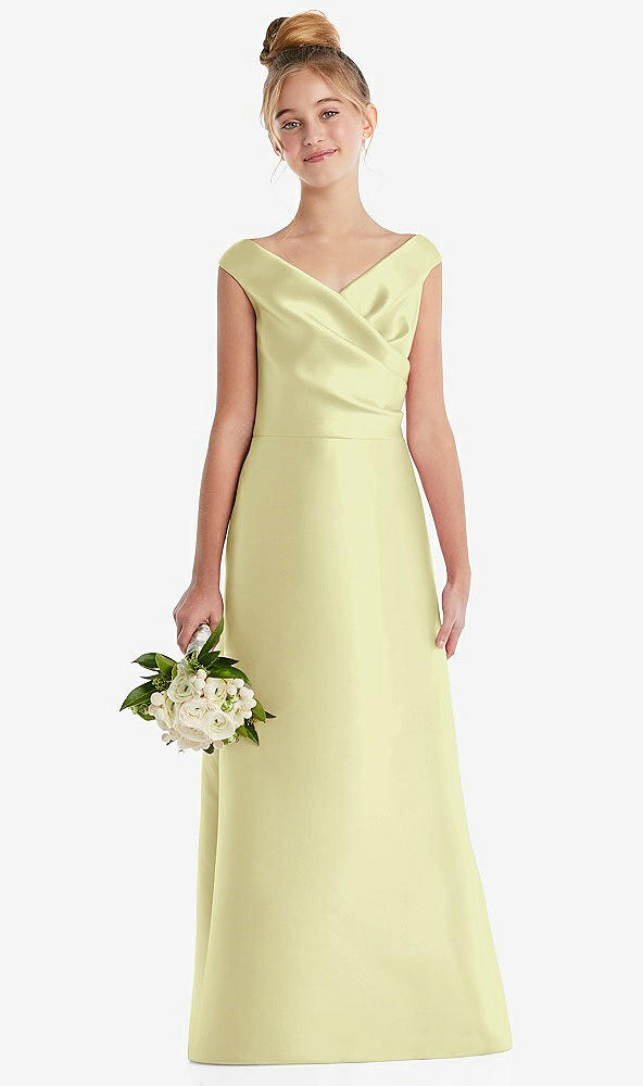 Front View - Butter Yellow Off-the-Shoulder Draped Wrap Satin Junior Bridesmaid Dress