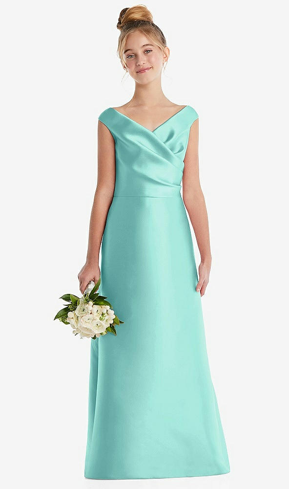 Front View - Coastal Off-the-Shoulder Draped Wrap Satin Junior Bridesmaid Dress