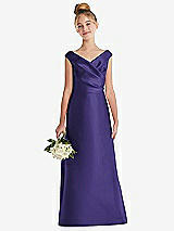 Front View Thumbnail - Grape Off-the-Shoulder Draped Wrap Satin Junior Bridesmaid Dress