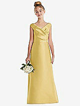 Front View Thumbnail - Maize Off-the-Shoulder Draped Wrap Satin Junior Bridesmaid Dress