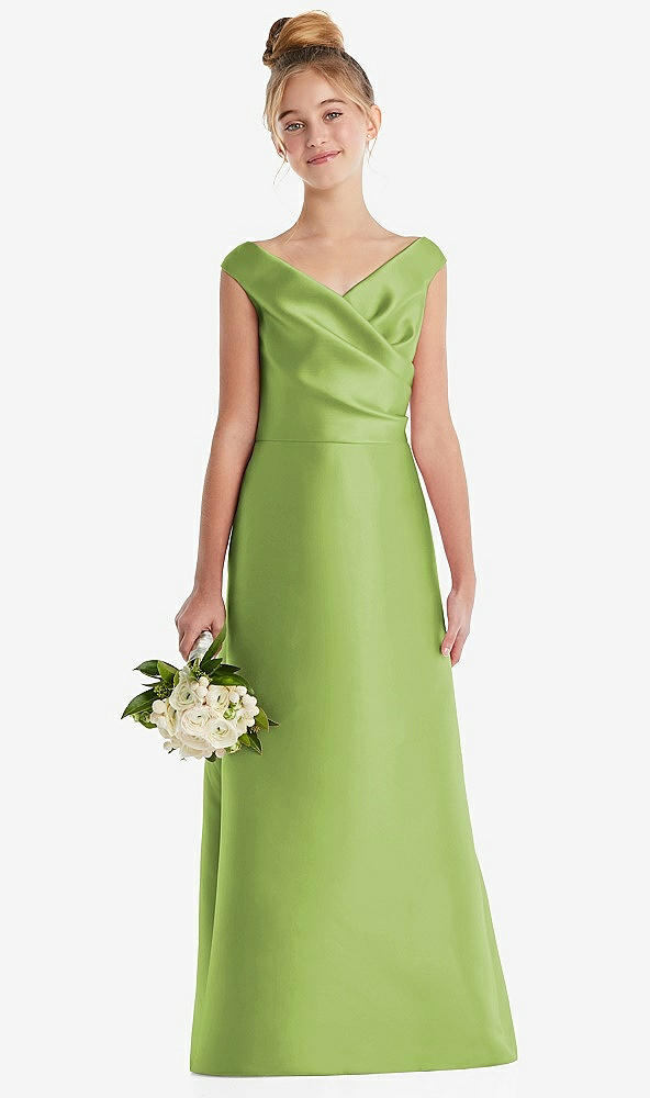 Front View - Mojito Off-the-Shoulder Draped Wrap Satin Junior Bridesmaid Dress