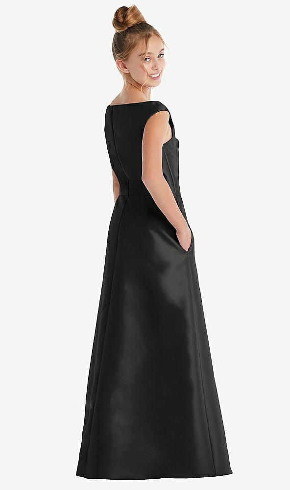 Back View - Black Off-the-Shoulder Draped Wrap Satin Junior Bridesmaid Dress