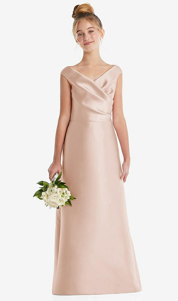 Front View - Cameo Off-the-Shoulder Draped Wrap Satin Junior Bridesmaid Dress