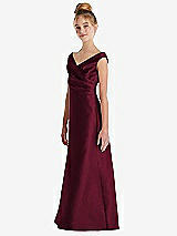 Side View Thumbnail - Cabernet Off-the-Shoulder Draped Wrap Satin Junior Bridesmaid Dress