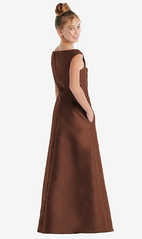 Back View - Cognac Off-the-Shoulder Draped Wrap Satin Junior Bridesmaid Dress