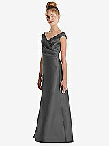 Side View Thumbnail - Gunmetal Off-the-Shoulder Draped Wrap Satin Junior Bridesmaid Dress