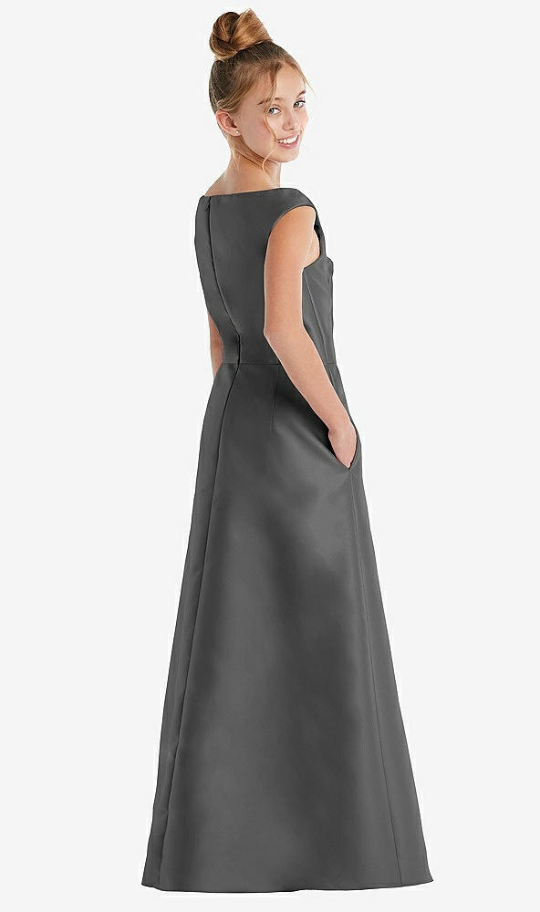 Back View - Gunmetal Off-the-Shoulder Draped Wrap Satin Junior Bridesmaid Dress