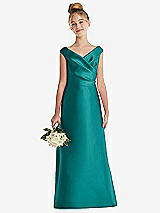 Front View Thumbnail - Jade Off-the-Shoulder Draped Wrap Satin Junior Bridesmaid Dress