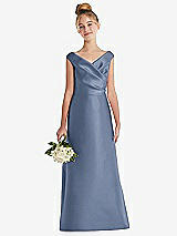 Front View Thumbnail - Larkspur Blue Off-the-Shoulder Draped Wrap Satin Junior Bridesmaid Dress