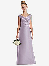 Front View Thumbnail - Lilac Haze Off-the-Shoulder Draped Wrap Satin Junior Bridesmaid Dress