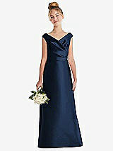 Front View Thumbnail - Midnight Navy Off-the-Shoulder Draped Wrap Satin Junior Bridesmaid Dress