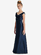 Side View Thumbnail - Midnight Navy Off-the-Shoulder Draped Wrap Satin Junior Bridesmaid Dress