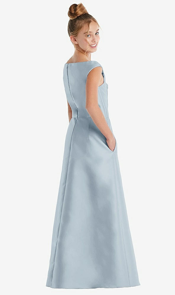 Back View - Mist Off-the-Shoulder Draped Wrap Satin Junior Bridesmaid Dress