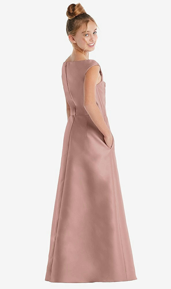 Back View - Neu Nude Off-the-Shoulder Draped Wrap Satin Junior Bridesmaid Dress