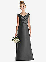 Front View Thumbnail - Pewter Off-the-Shoulder Draped Wrap Satin Junior Bridesmaid Dress