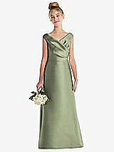 Front View Thumbnail - Sage Off-the-Shoulder Draped Wrap Satin Junior Bridesmaid Dress