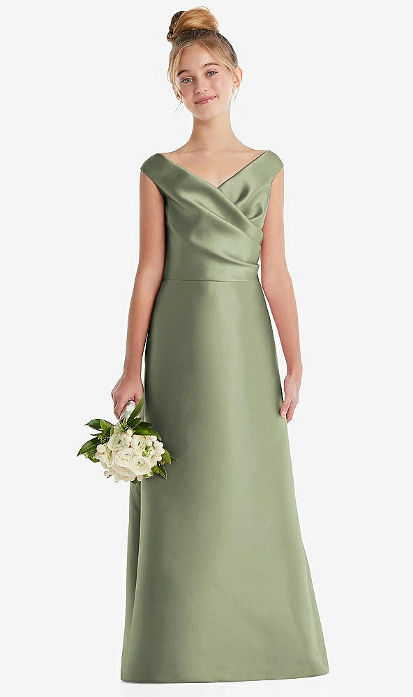 Front View - Sage Off-the-Shoulder Draped Wrap Satin Junior Bridesmaid Dress