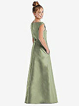 Rear View Thumbnail - Sage Off-the-Shoulder Draped Wrap Satin Junior Bridesmaid Dress