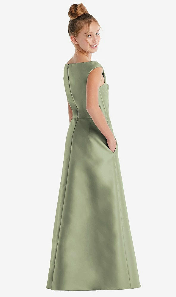 Back View - Sage Off-the-Shoulder Draped Wrap Satin Junior Bridesmaid Dress