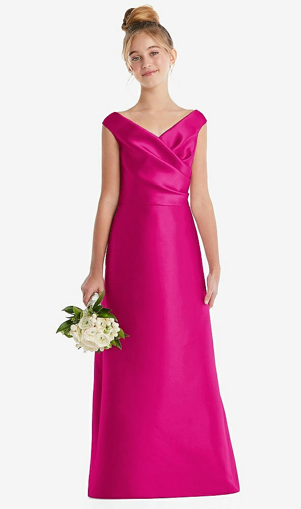 Front View - Think Pink Off-the-Shoulder Draped Wrap Satin Junior Bridesmaid Dress