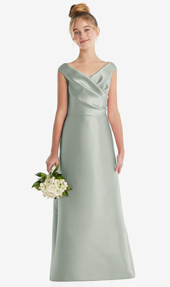 Front View - Willow Green Off-the-Shoulder Draped Wrap Satin Junior Bridesmaid Dress