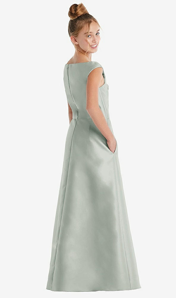 Back View - Willow Green Off-the-Shoulder Draped Wrap Satin Junior Bridesmaid Dress