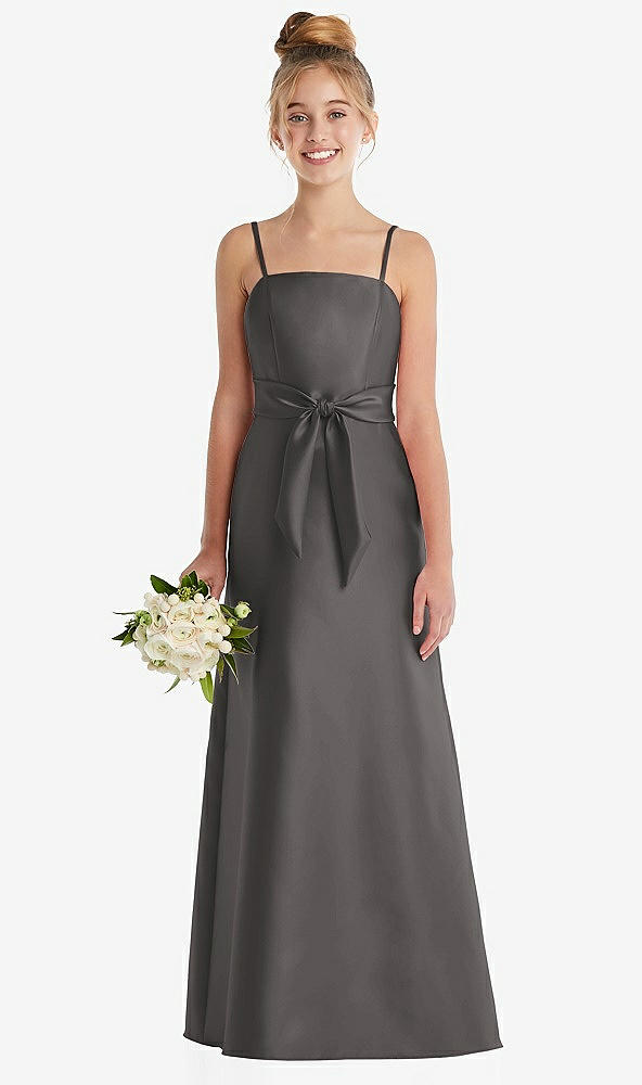 Front View - Caviar Gray Spaghetti Strap Satin Junior Bridesmaid Dress with Mini Sash