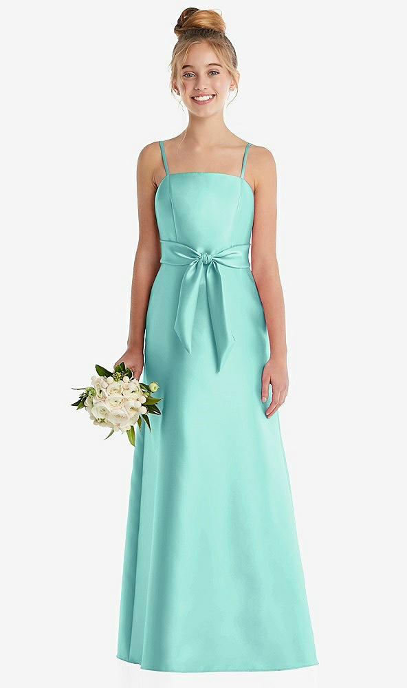 Front View - Coastal Spaghetti Strap Satin Junior Bridesmaid Dress with Mini Sash